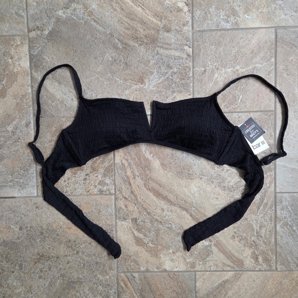 NWT Bar III Black Smocked Plunge V Bikini Top Size XL